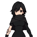 her outfit is mostly black and gray; the upper part is a black garment, while the lower part is entirely black, like a form-fitting bodysuit. on her left arm, there are dark patterns resembling tattoos. she has black hair