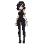 her outfit is mostly black and white; the upper part is a white garment, while the lower part is entirely black, like a form-fitting bodysuit. on her left arm, there are dark patterns resembling tattoos. she has black hair