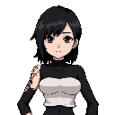 her outfit is mostly black and white; the upper part is a white garment, while the lower part is entirely black, like a form-fitting bodysuit. on her left arm, there are dark patterns resembling tattoos. she has black hair