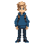 guy with blond hair, blue eyes and blue jumper with a  brown backpack 