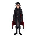 generate a sleek looking male character model for a rouge like dungeon crawler game who is equal parts cartoon and equal parts dracula. make him in base clothes, as we will put armor on him.