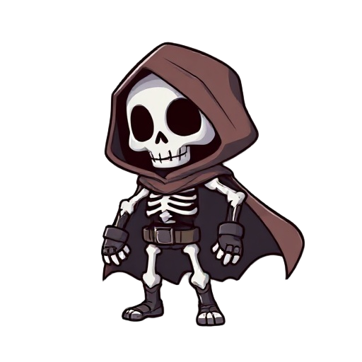chibi skeleton with a cape and cowl and gauntlets