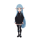 anime style art: an elf woman with long straight light blue hair, wearing a black sweatshirt with a bra strap on the right side, wearing black stockings with white stripes and a black skirt,