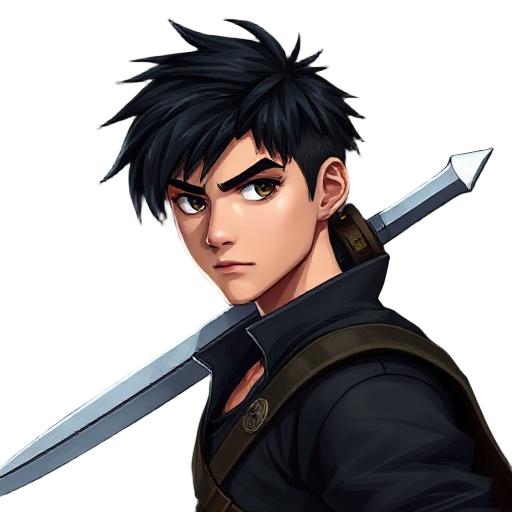 realistic young male warrior, athletic build, proportional body (not chibi or anime), messy black hair, large sword resting on shoulder, wearing a black jacket, confident stance, cinematic lighting.