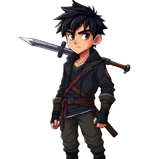 realistic young male warrior, athletic build, proportional body (not chibi or anime), messy black hair, large sword resting on shoulder, wearing a black jacket, confident stance, cinematic lighting.