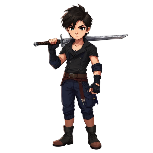 realistic character sprite young male warrior, athletic build, proportional body (not chibi or anime), messy black hair, large sword resting on shoulder, wearing a black jacket, confident stance, cinematic lighting.