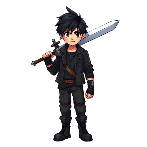 young male warrior with messy black hair, carrying a large sword on his shoulder. wears a black jacket, dark shirt, combat boots, fingerless gloves. realistic style, high-quality sprite.