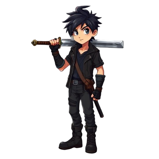 realistic young male warrior with messy black hair, carrying a large sword on his shoulder. wears a black jacket, dark shirt, combat boots, fingerless gloves. realistic style, high-quality sprite with proportional body (not chibi or anime)