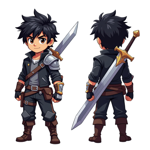 realistic character sprite young male warrior, athletic build, proportional body (not chibi or anime), messy black hair, large sword resting on shoulder, wearing a black jacket, confident stance, cinematic lighting.