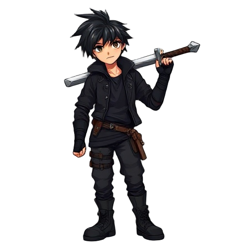 realistic young male warrior with messy black hair, carrying a large sword on his shoulder. wears a black jacket, dark shirt, combat boots, fingerless gloves. realistic style, high-quality sprite with proportional body (not chibi or anime)