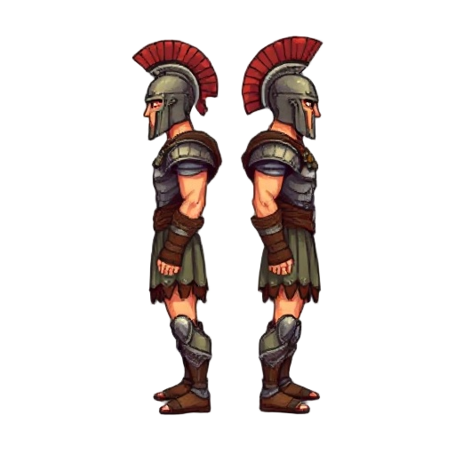 create highly pixelated 2d character sprites in profile (looking to the side). the character should have a full, proportional body (head, neck, arms, legs, torso) and resemble a warrior from an ancient era (inspired by roman-style armor aesthetics but not