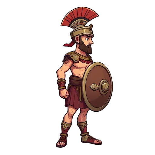 create high-quality, detailed 2d character sprites in profile (looking to the side). the character should have a full, proportional, human-like body (head, neck, arms, legs, torso) resembling a warrior from an ancient era (similar to roman empire style bu