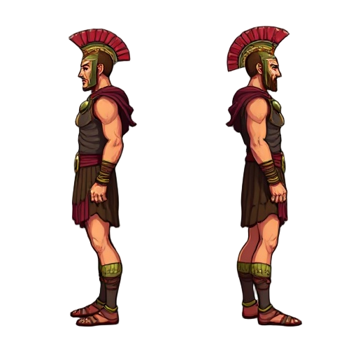 create semi-pixelated 2d character sprites in profile (looking to the side). the character should have a full, proportional, human-like body (head, neck, arms, legs, torso) resembling a warrior from an ancient era (inspired by roman empire style but not r