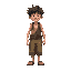 a pixel art character of a young poor farmer, full body, standing upright with empty hands. he wears old, tattered clothes with patches and worn-out sandals. his messy, unkempt hair is fully visible, 