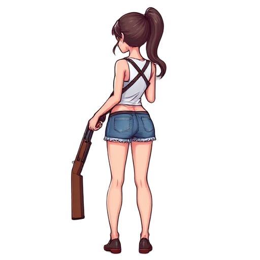 draw a beautiful girl from behind, holding a shotgun as if she were going to shoot, she is wearing small denim shorts, she must be very attractive