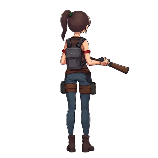 draw a beautiful girl from behind, holding a shotgun