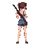 draw a beautiful girl from behind, holding a shotgun as if she were going to shoot, she is wearing small denim shorts, she must be very attractive