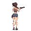 draw a beautiful girl from behind, pointing a shotgun as if she were going to shoot, she is wearing short denim shorts, she must be very attractive