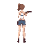 draw a beautiful girl from behind, pointing a shotgun forward as if she were going to shoot, she is wearing small denim shorts, she must be very attractive