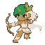 virel harpeiro, 24x32px, 16-bit. pele dourada, cabelo verde e branco, olhos verdes brilhantes. roupa branca com detalhes dourados, manto flutuante. segura arco de luz. folhas nos templos. pose de combate, ¾ vista. estilo snes, cores suaves, aura leve