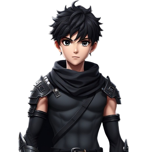 realistic genshin impact male anime 3d charecter, a teenager young handsome boy with blackhair blackeyes very white pale skin with very skinny body with solid ripped vascularity muscles, wearing black scarf, wearing only one black shoulder samurai metal a