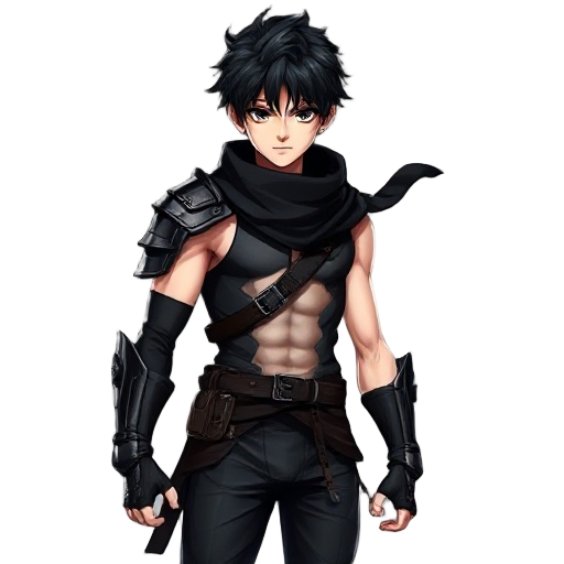 teenager young handsome boy with blackhair blackeyes very white pale skin with very skinny body with solid ripped vascularity muscles, wearing black scarf, wearing only one black shoulder samurai metal armor, black tights sleeveless tops, black che