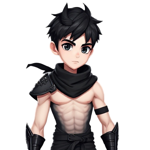 teenager young handsome boy with blackhair blackeyes very white pale skin with very skinny body with solid ripped vascularity muscles, wearing black scarf, wearing only one black shoulder samurai metal armor, black tights sleeveless tops, black che