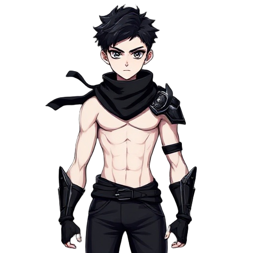 teenager young handsome boy with blackhair blackeyes very white pale skin with very skinny body with solid ripped vascularity muscles, wearing black scarf, wearing only one black shoulder samurai metal armor, black tights sleeveless tops, black che
