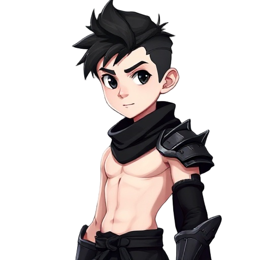 teenager young handsome boy with blackhair blackeyes very white pale skin with very skinny body with solid ripped vascularity muscles, wearing black scarf, wearing only one black shoulder samurai metal armor, black tights sleeveless tops, black che