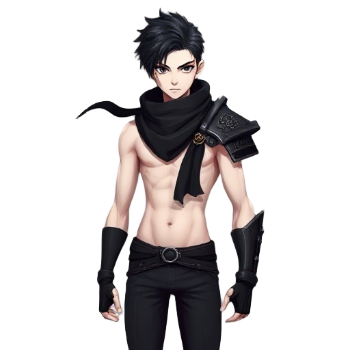 teenager young handsome boy with blackhair blackeyes very white pale skin with very skinny body with solid ripped vascularity muscles, wearing black scarf, wearing only one black shoulder samurai metal armor, black tights sleeveless tops, black che
