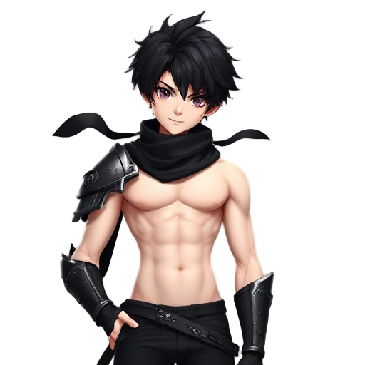 realistic genshin impact male anime 3d charecter, a teenager young handsome boy with blackhair blackeyes very white pale skin with very skinny body with solid ripped vascularity muscles, wearing black scarf, wearing only one black shoulder samurai metal a