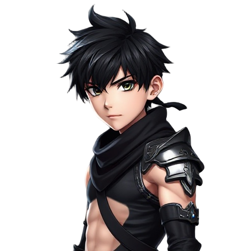 realistic genshin impact male anime 3d charecter, a teenager young handsome boy with blackhair blackeyes very white pale skin with very skinny body with solid ripped vascularity muscles, wearing black scarf, wearing only one black shoulder samurai metal a