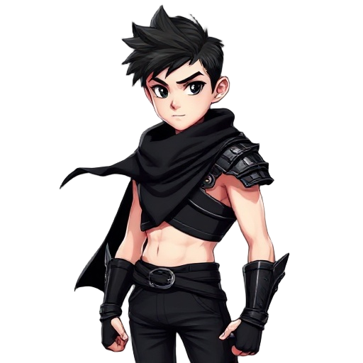 teenager young handsome boy with blackhair blackeyes very white pale skin with very skinny body with solid ripped vascularity muscles, wearing black scarf, wearing only one black shoulder samurai metal armor, black tights sleeveless tops, black che