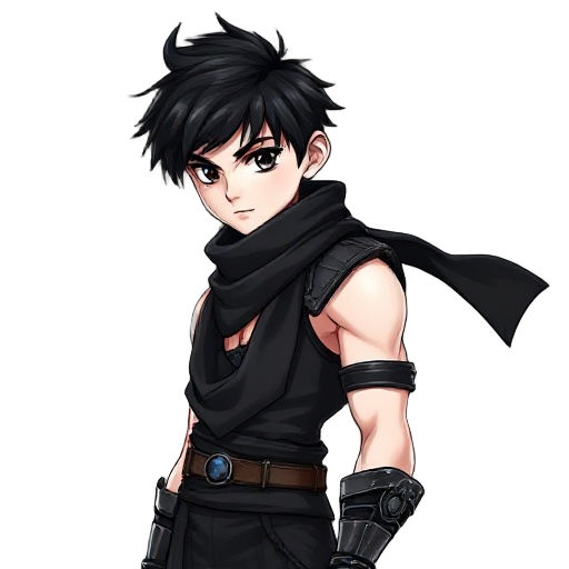 teenager young handsome boy with blackhair blackeyes very white pale skin with very skinny body with solid ripped vascularity muscles, wearing black scarf, wearing only one black shoulder samurai metal armor, black tights sleeveless tops, black che