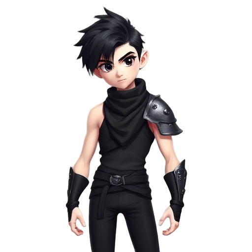 teenager young handsome boy with blackhair blackeyes very white pale skin with very skinny body with solid ripped vascularity muscles, wearing black scarf, wearing only one black shoulder samurai metal armor, black tights sleeveless tops, black che