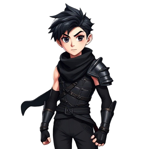 teenager young handsome boy with blackhair blackeyes very white pale skin with very skinny body with solid ripped vascularity muscles, wearing black scarf, wearing only one black shoulder samurai metal armor, black tights sleeveless tops, black che
