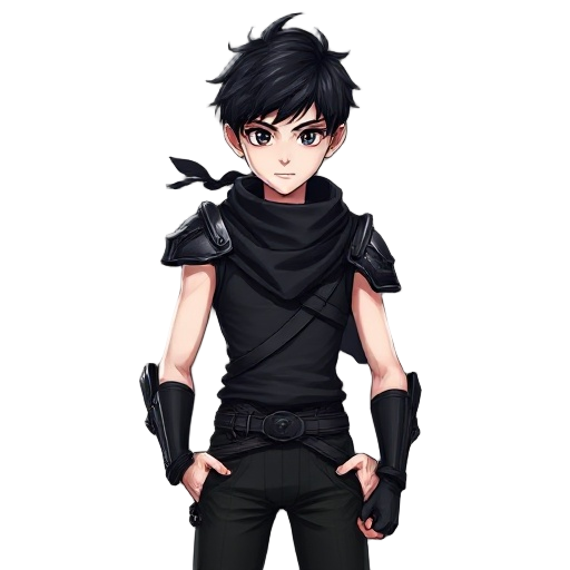 teenager young handsome boy with blackhair blackeyes very white pale skin with very skinny body with solid ripped vascularity muscles, wearing black scarf, wearing only one black shoulder samurai metal armor, black tights sleeveless tops, black che