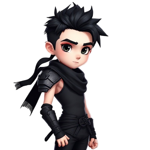 teenager young handsome boy with blackhair blackeyes very white pale skin with very skinny body with solid ripped vascularity muscles, wearing black scarf, wearing only one black shoulder samurai metal armor, black tights sleeveless tops, black che