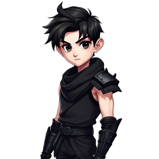 teenager young handsome boy with blackhair blackeyes very white pale skin with very skinny body with solid ripped vascularity muscles, wearing black scarf, wearing only one black shoulder samurai metal armor, black tights sleeveless tops, black che