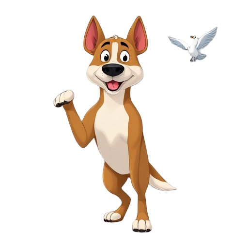 dog standing alert with front leg lifted, birds mid-wing.