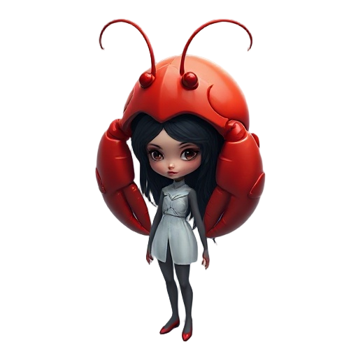a surreal portrait of a mysterious woman standing before a calm ocean, wearing a crimson lobster-inspired helmet that merges seamlessly with her form. the shell’s glossy surface gleams under muted light, its claws raised like a crown, while fine antennae 