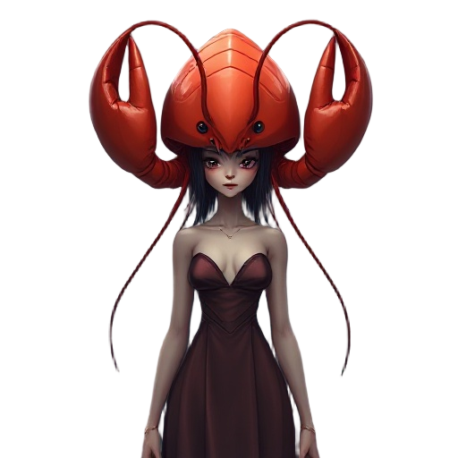 a surreal portrait of a mysterious woman standing before a calm ocean, wearing a crimson lobster-inspired helmet that merges seamlessly with her form. the shell’s glossy surface gleams under muted light, its claws raised like a crown, while fine antennae 