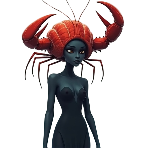 a surreal portrait of a mysterious woman standing before a calm ocean, wearing a crimson lobster-inspired helmet that merges seamlessly with her form. the shell’s glossy surface gleams under muted light, its claws raised like a crown, while fine antennae 