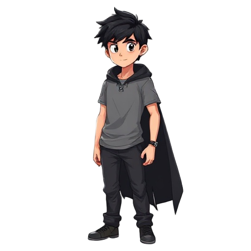  a young man with black hair, wearing a gray t-shirt, dark gray pants and a torn black cape