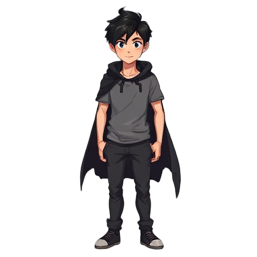  a young man with black hair, wearing a gray t-shirt, dark gray pants and a torn black cape