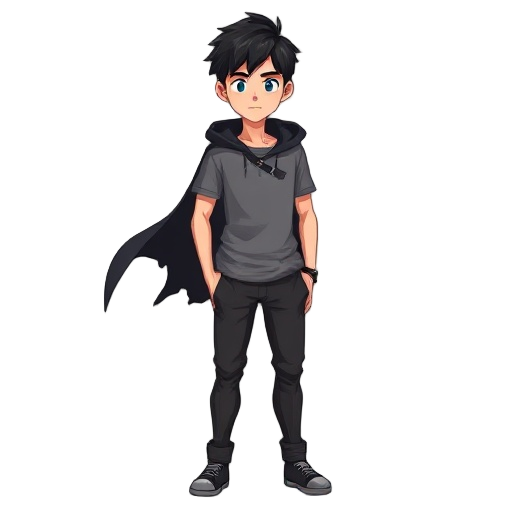  a young man with black hair, wearing a gray t-shirt, dark gray pants and a torn black cape