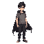  a young man with black hair, wearing a gray t-shirt, dark gray pants and a torn black cape