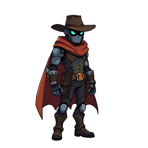 pixel cyborg mysterious cowboy with cape side view