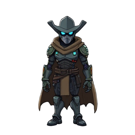 cyborg mysterious cowboy with cape