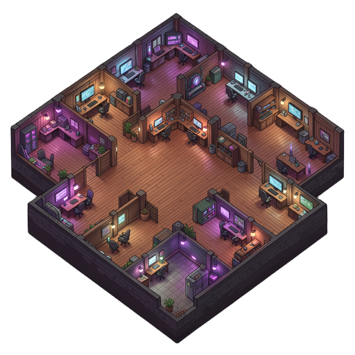 a highly detailed top-down 2.5d isometric game map of a massive corporate office, combining heavy cyberpunk aesthetics with cozy rustic wooden stardew valley elements. the office features very wide, open walking spaces with beautiful varnished wooden floo